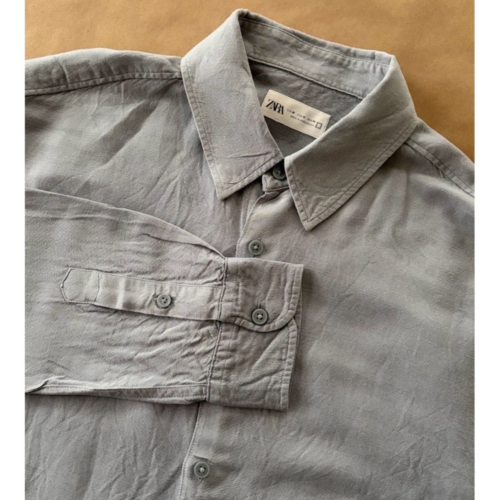 Zara Men's Grey Linen Blend Long Sleeve Button Down Shirt Medium Organic Neutral